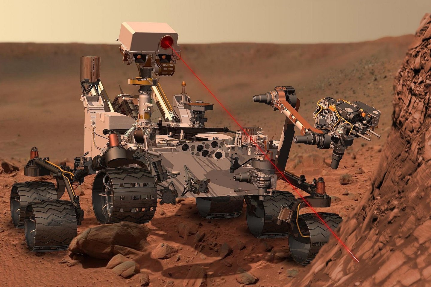  Mokslininkams labai padėjo Marso zondo „Curiosity“ surinkti duomenys. „Curiosity“ savyje turi cheminę laboratoriją, kuri leidžia tirti Marso dirvožemį.<br> NASA iliustr.