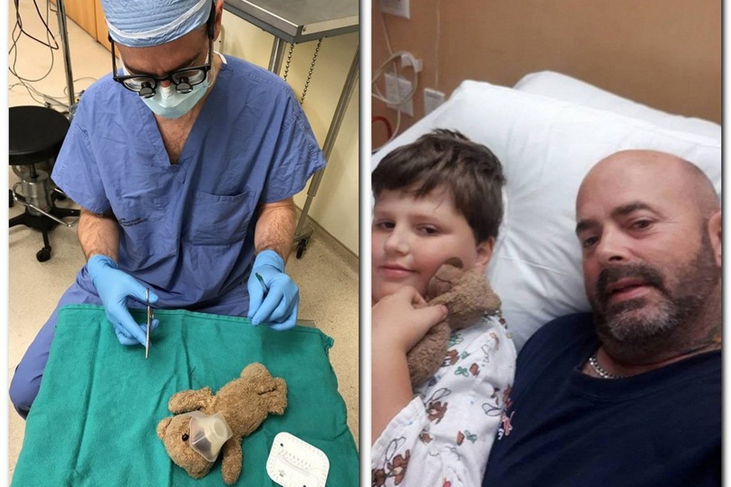 Daktaras Danielis McNeely išoperavo ne tik Jacksoną McKie (nuotraukoje dešinėje su tėčiu Ricku), bet ir jo mylimą meškutį Little Baby.<br> Twitter ir Facebook nuotr. 