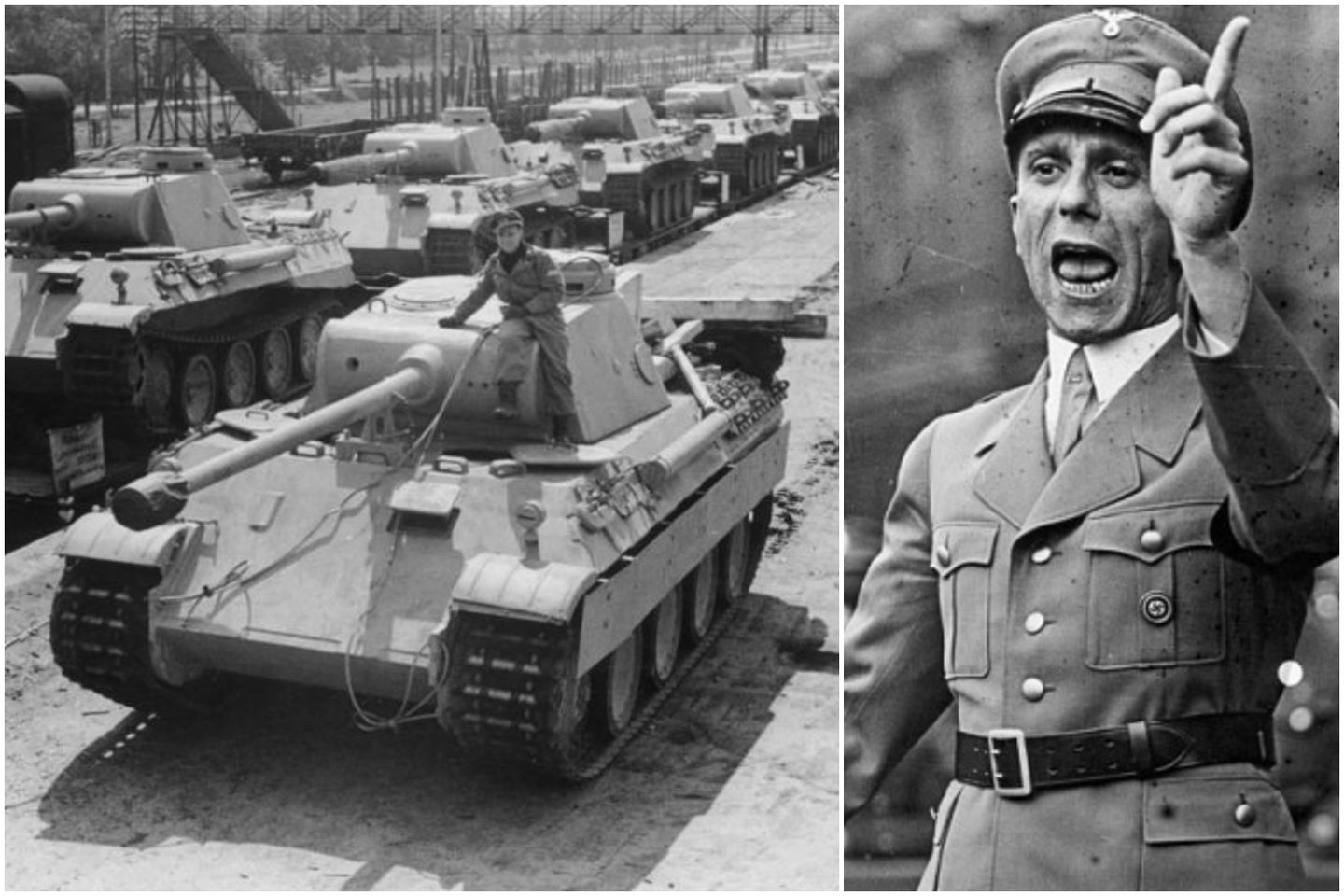 Propagandos ministras J. Gebelsas ir naujieji vokiečių tankai „Panther“.<br>Leidėjų nuotr.