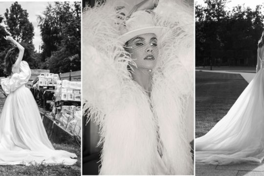 Vestuvinės suknelės 2019-tais: nuo plunksnų iki vyriškų siluetų