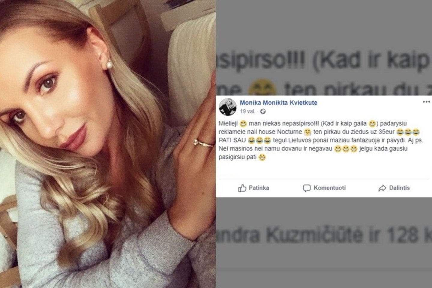  Monika Kvietkutė-Šedžiuvienė ir jos įrašas feisbuke.<br> Soc. tinklo nuotr.