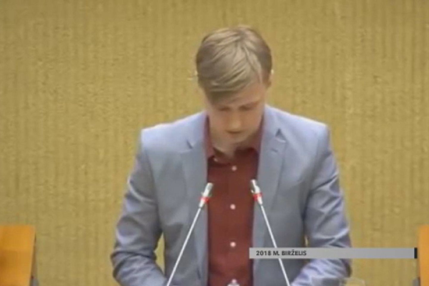Po kalbos iš Seimo tribūnos, studentas necenzūriškai išvadintas Ramūnio Karbauskio pakaliku.<br>Reportažo stop kadras