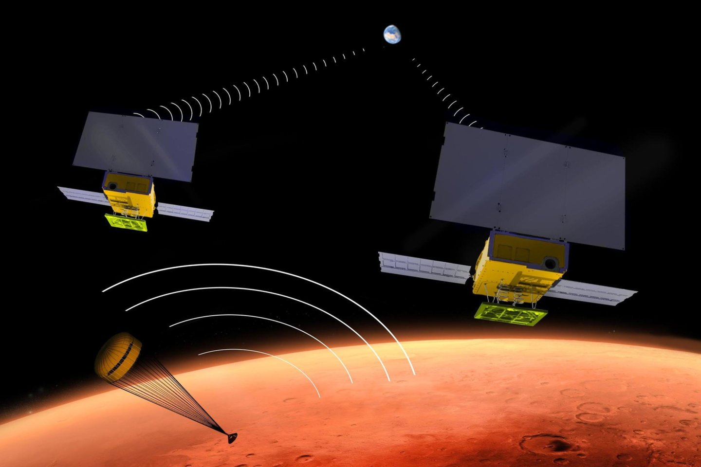  „InSight“ skrido ne vienas, o su dviem palydovais-kubiukais „MarCO“.<br> NASA iliustr.