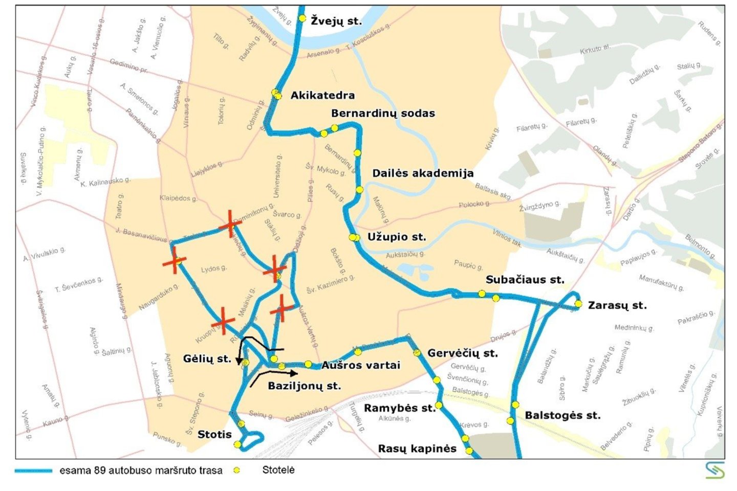 89 maršruto autobuso trasa 15-18 valandomis.