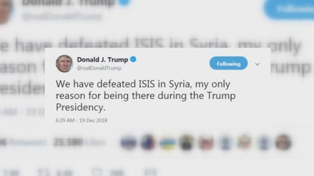 Donaldas Trumpas skelbia JAV pergalę Sirijoje prieš „Islamo valstybę“
