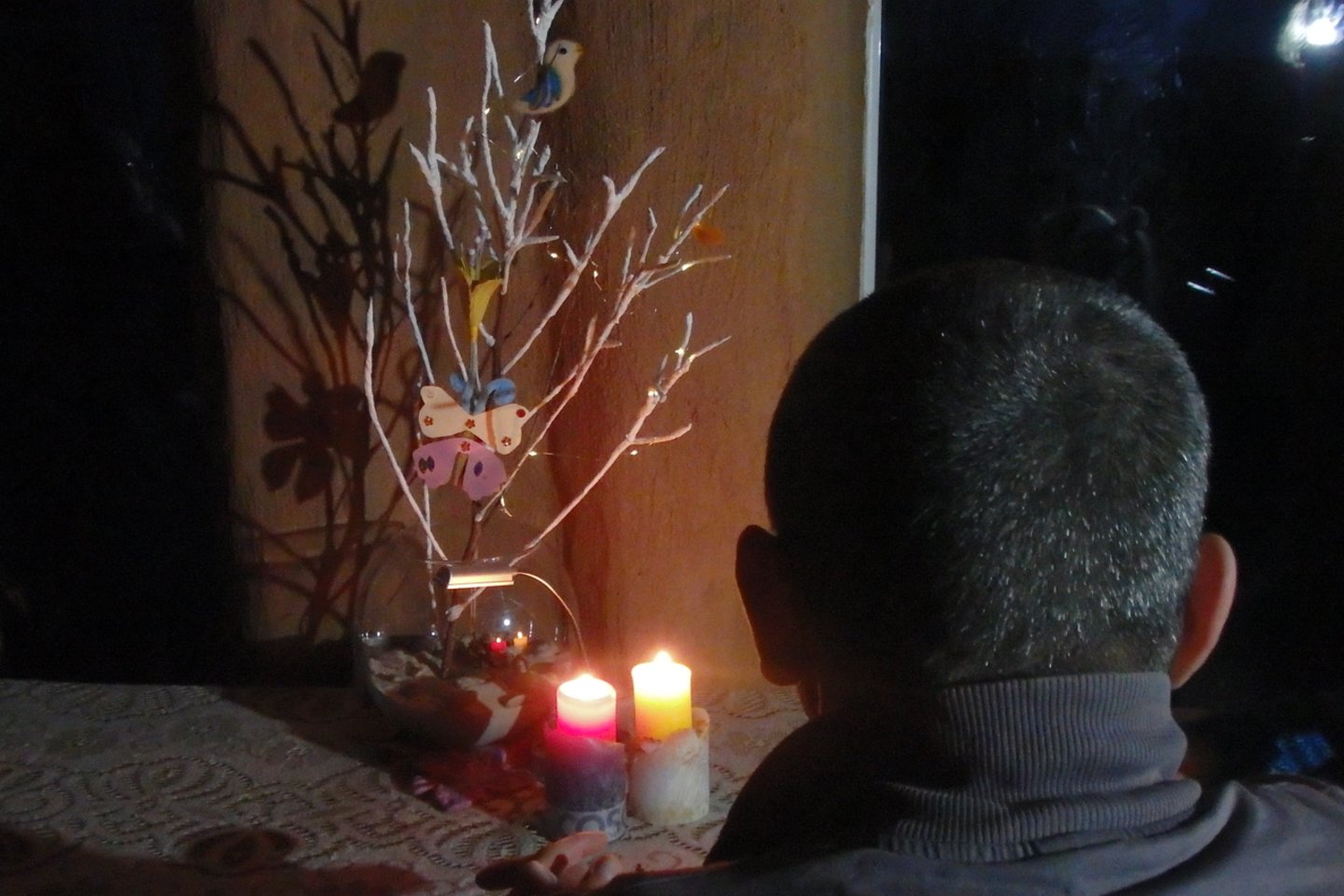 Tamsoje skendinčiuose naujuose namuose Kalėdų eglutę apšviečia tik žvakių liepsnos. <br> A.Pilaitienės nuotr.