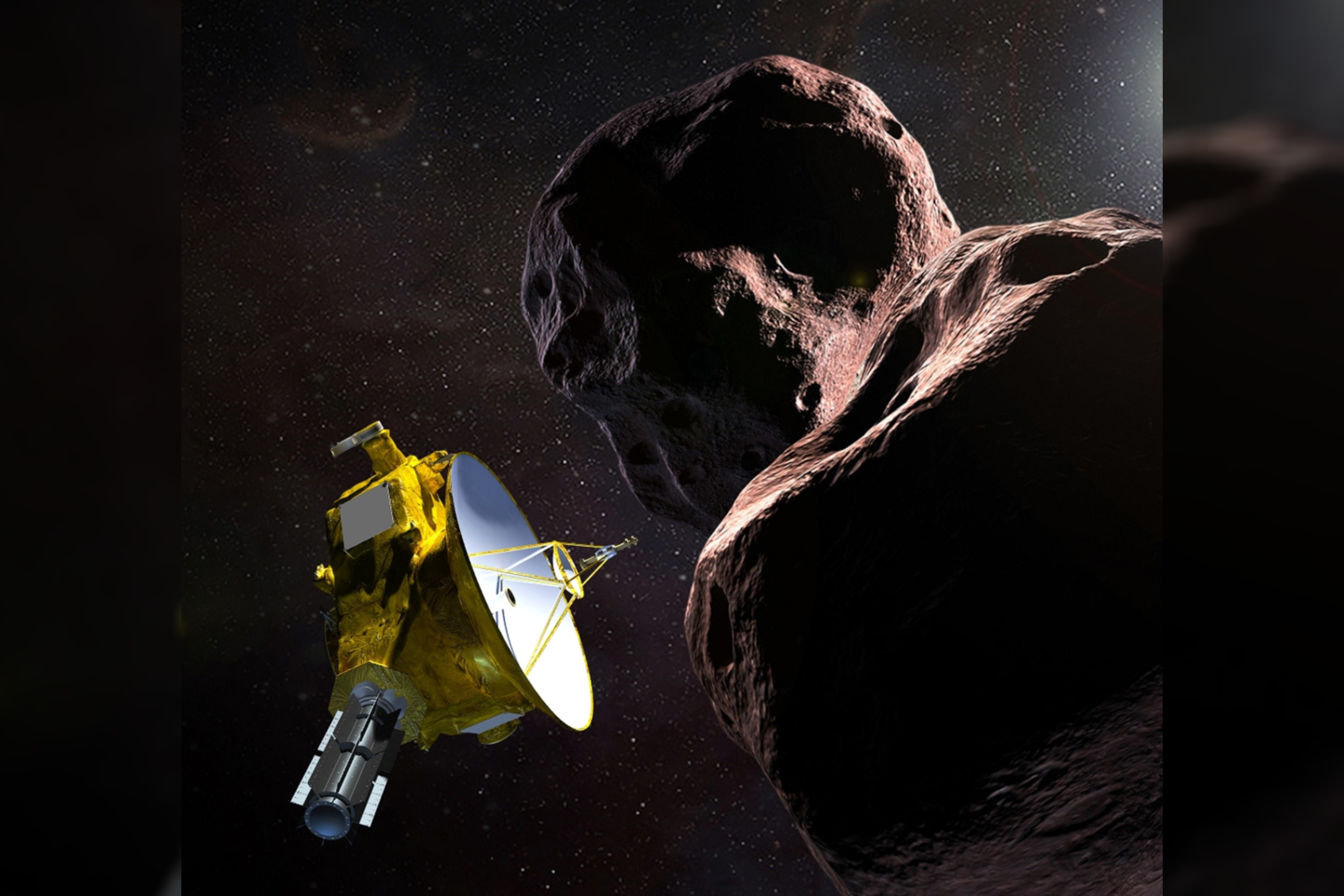  2019 sausio 1 d. 7 val. 33 min. Lietuvos laiku 3,5 km atstumu pro šį asteroidą praskriejo NASA zondas „New Horizons“, o 17 val. 39 min. NASA priėmė persiųstą įrenginio telemetriją.<br> JHU - APL iliustr.