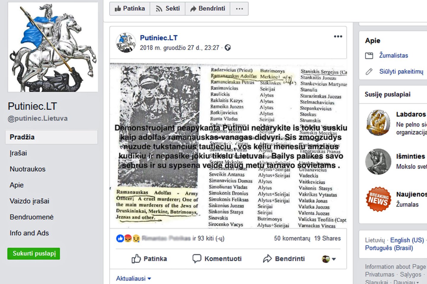 Prorusiški veikėjai socialiniuose tinkluose platina šmeižikišką informaciją apie gyvybę už Lietuvą paaukojusį partizanų vadą A.Ramanauską - Vanagą.