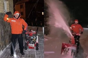 Policijos generalinis komisaras Linas Pernavas parodė būdą, kaip greitai namų kieme išvalyti sniegą