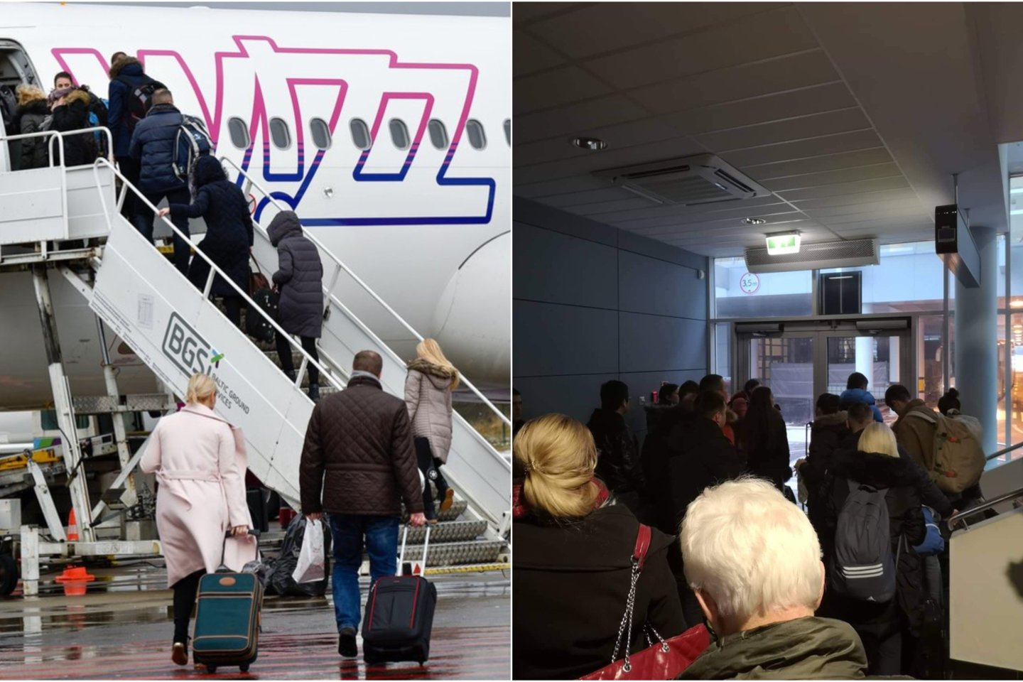 Vyras pasakojo, kad šeštadienį Vilniaus oro uoste prieš skrydį į Barseloną visi lėktuvo keleiviai beveik valandą laiko buvo priversti laukti ant laiptų, šaltoje laiptinėje.<br>lrytas.lt koliažas