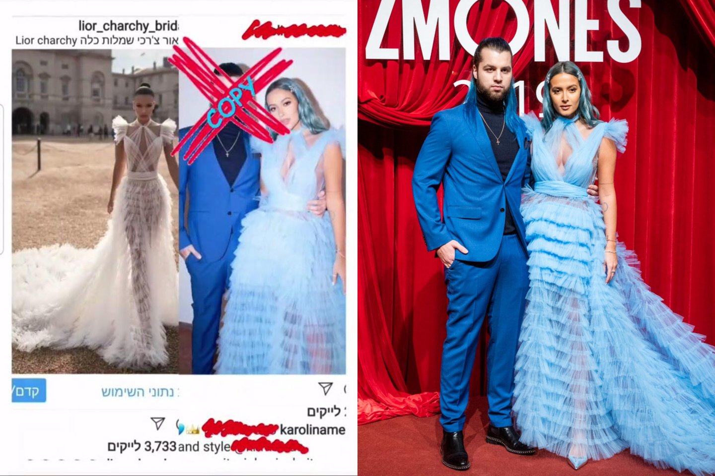 Modelis, vilkintis originalią suknelę (kairėje) ir Karolina Meschino.  <br>Instagramo nuotr. 