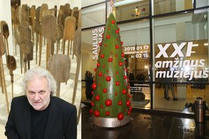 Sauliaus Vaitiekūno sukurta Pakso eglutė stovi lauke – netilpo pro galerijos duris