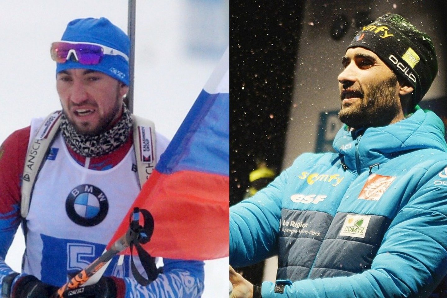 Rusija apskundė Tarptautinei biatlonininkų sąjungai (IBU) Prancūzijos sportininką Martiną Fourcade’ą (dešinėje) už jo pasisakymą prieš rusą Aleksandrą Loginovą (kairėje), kuris anksčiau buvo diskvalifikuotas dėl dopingo vartojimo.<br>Scanpix nuotr.