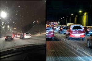 Gausiai pasnigus Vilnius ir Kaunas beveik nepravažiuojamas, autostradoje – didžiulės spūstys