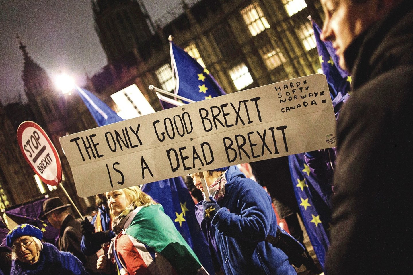 Nepaisant lietaus, prie Bendruomenių Rūmų toliau protestuoja žmonės, norintys, kad Jungtinė Karalystė liktų ES.<br>„Zuma Press“/„Scanpix“ nuotr.