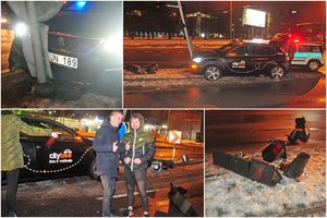 Į klubą Vilniuje linksmą kompaniją su „City Bee“ vežusi jauna vairuotoja pakeliui nuvertė šviesoforą