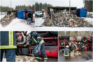 Vilniaus pakraštyje apvirto šiukšles vežęs sunkvežimis, nukentėjo žmogus