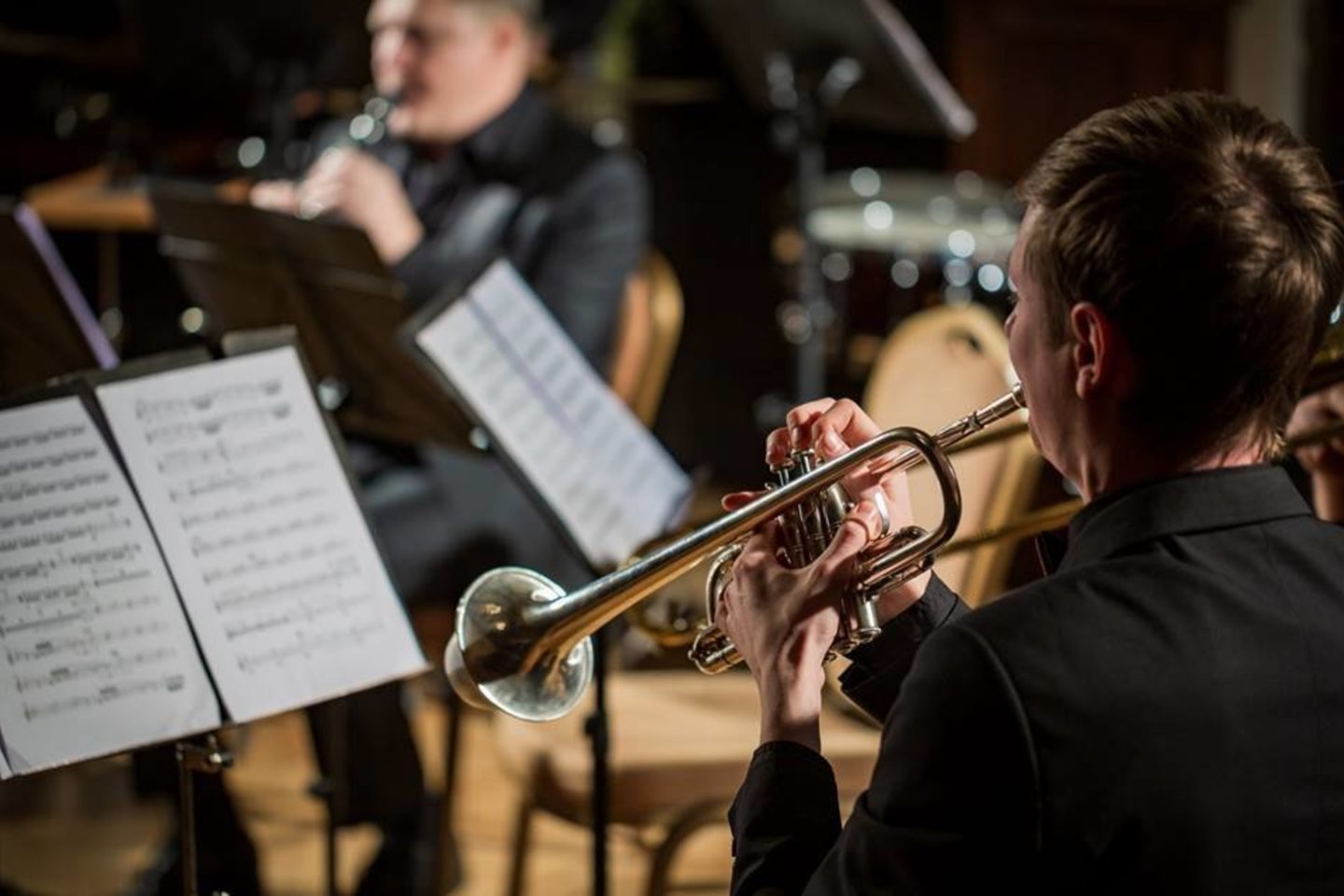 Lietuvos valstybinio simfoninio orkestro muzikantai repetuoja I.Stravinskio „Kareivio istoriją“ ir M.Daugherty kompoziciją „Dead Elvis“.<br> D.Baltakio nuotr.