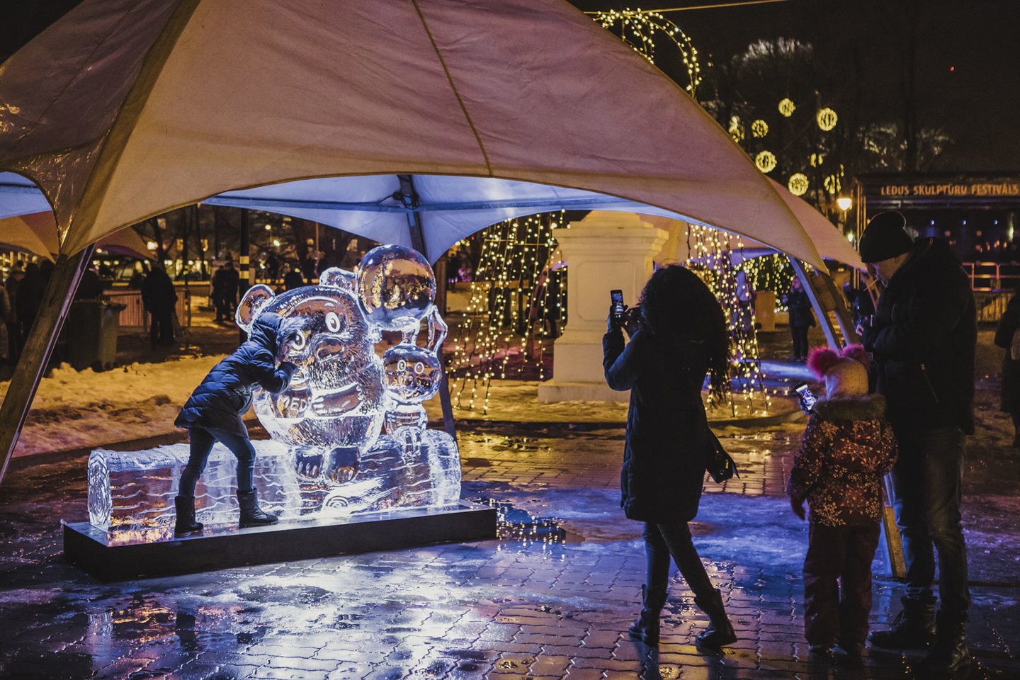   Jelgavoje vyksta 21-asis ledo skulptūrų festivalis. Šiemetinės šventės tema - kinas.<br> Organizatorių nuotr.
