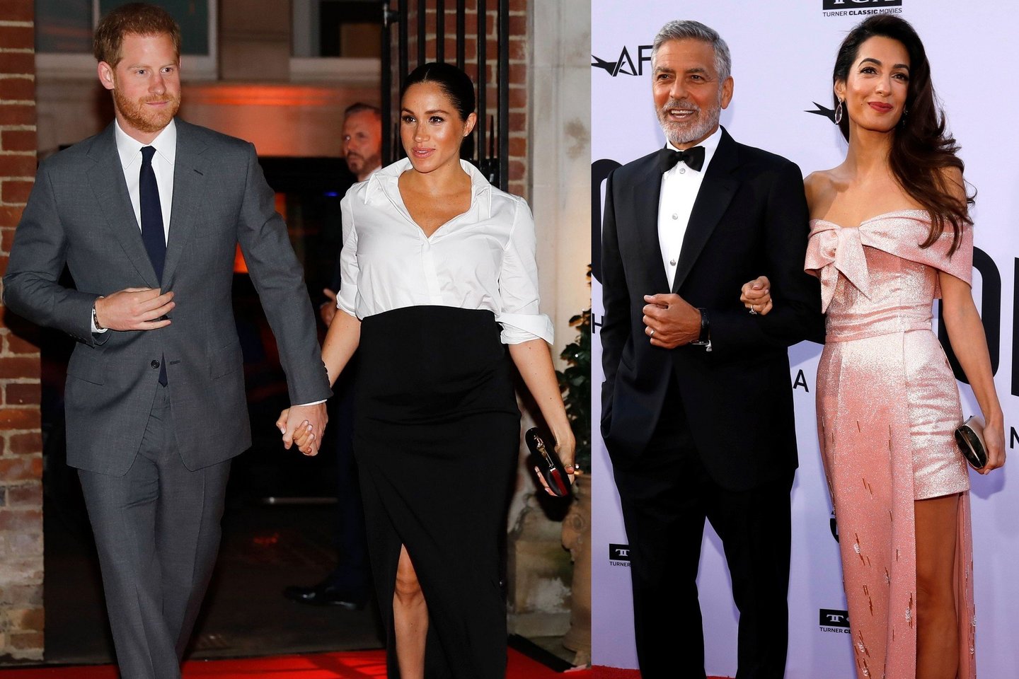 George'as Clooney su žmona Amal ir princas Harry su žmona Meghan.
