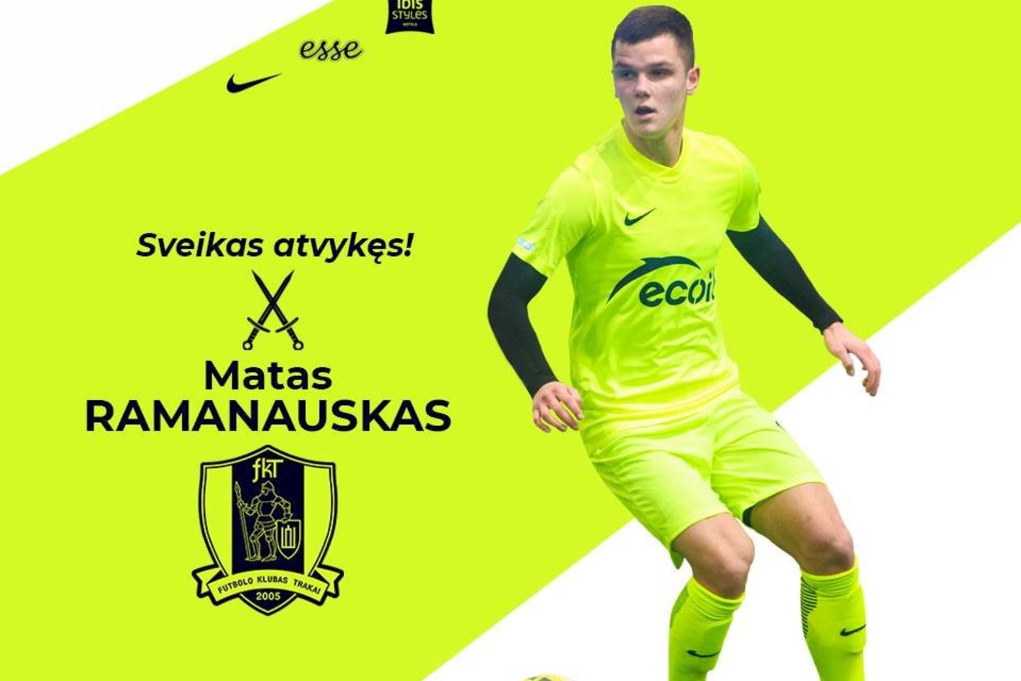 „Trakų“ klubas pasirašė sutartį su Nacionalinės futbolo akademijos auklėtiniu aštuoniolikmečiu Matu Ramanausku.<br> fkt.lt nuotr.