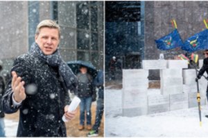 Irkluotojų akcija dėl R. Šimašiaus dėmesio: prie savivaldybės dygo plytų siena