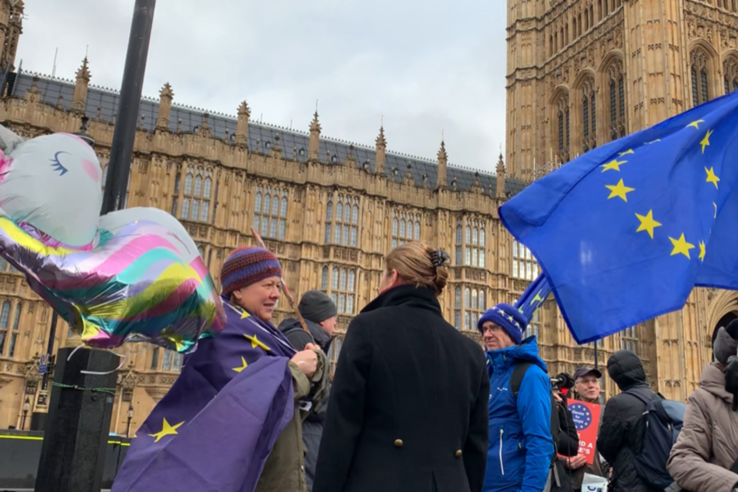 Protestuotojams prie Vestminsterio rūmų jau įgriso parlamentarų blaškymasis dėl „Brexit“.<br> V. Rudavičiaus nuotr.