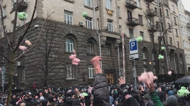Ukrainoje pareigūnus apmėtė pliušinėmis kiaulėmis