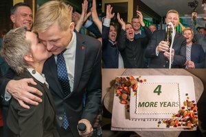 Emocijos R. Šimašiaus štabe: pergalės šūksniai ir dainos nugalėjus A. Zuoką