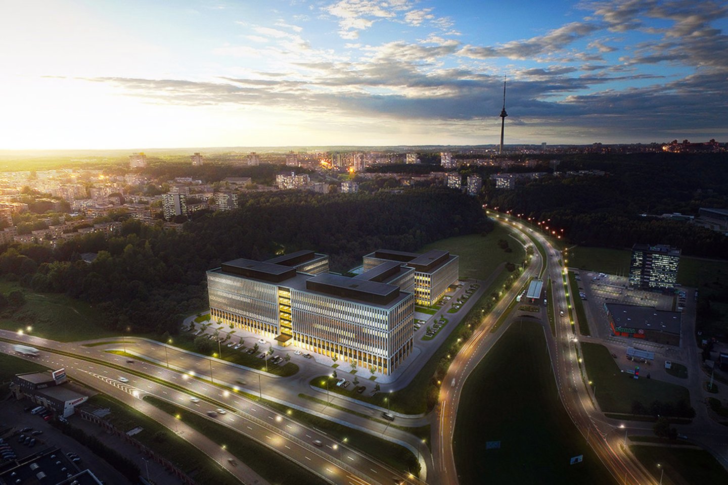 Planuojama ne tik pastatyti keturis biurų pastatus, bet ir įrengti rekreacinės paskirties teritoriją, kuri koncentruosis prie miško.<br>„Vastint Lithuania“ vizual.