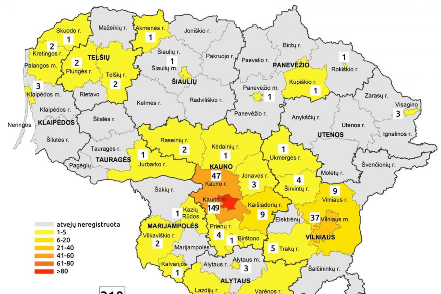 ULAC žemėlapyje matyti, kaip ir kur Lietuvoje sergama tymais.<br> ULAC žemėlapis