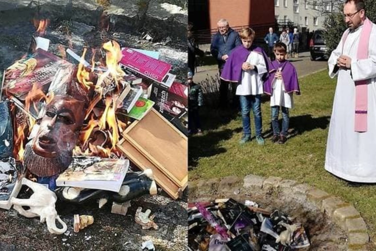 Lenkijoje kunigai surengė „šventvagiškų“ knygų ir kitokių daiktų deginimą.<br>Socialinių tinklų nuotr.