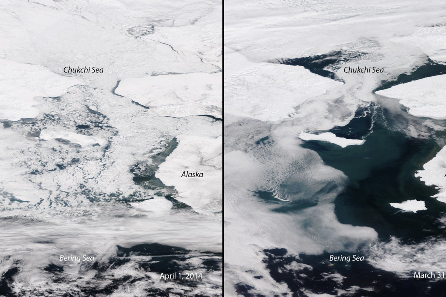 Beringo jūros vaizdas iš kosmoso 2014 ir 2019 metais.<br> NOAA nuotr.