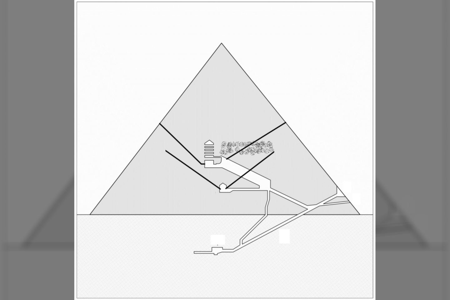  Tai vienintelė piramidė, kuri turi tiek į viršų kylančius, tiek į apačią besileidžiančius tunelius.<br> Phys.org iliustr.