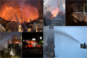 Paryžių kausto tyla: milžiniškas gaisras Dievo Motinos katedroje – suvaldytas, pagrindinę dalį pavyko apsaugoti