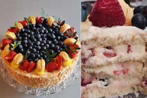 Migdolinis maskarponės tortas su braškėmis ir šilauogėmis