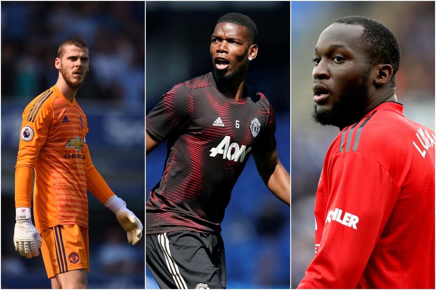 Davidas De Gea, Paulis Pogba ir Romelu Lukaku ruošiasi palikti „Manchester United“ klubą.<br> AFP/Reuters/Scanpix nuotr.