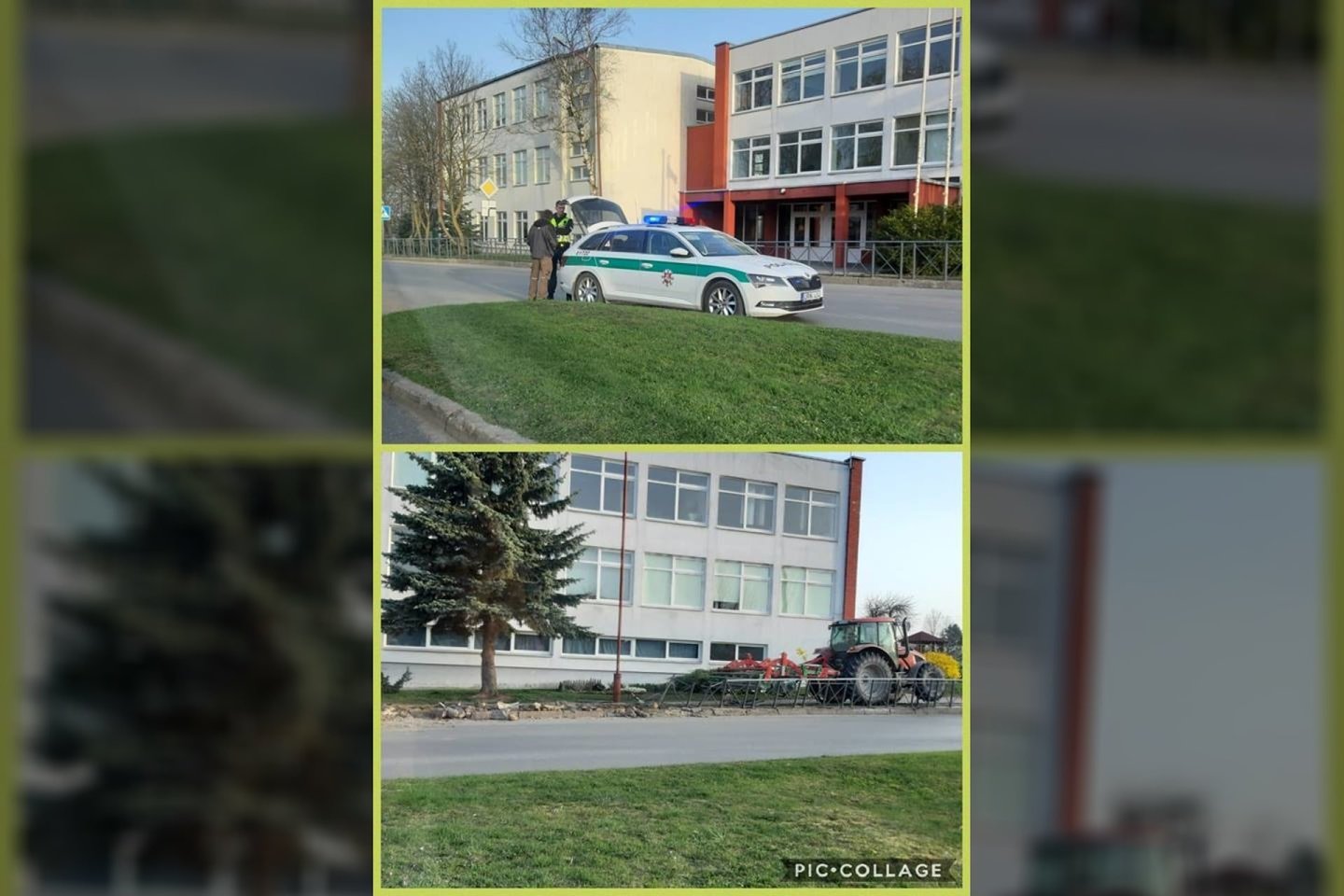 Traktorius įvažiavo į mokyklos tvorą.<br>„Facebook“ /Pagalba vairuotojams Telšiuose nuotr.