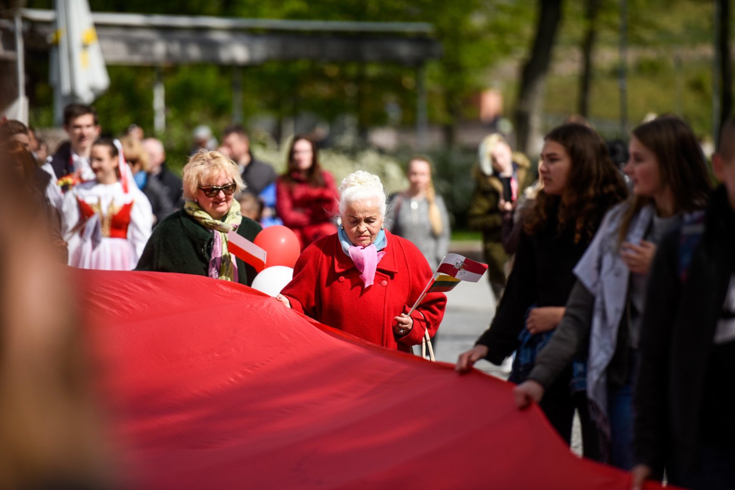 Pasipuošusi Lenkijos valstybinėmis spalvomis ir mosuodama vėliavomis Gedimino prospektu žygiavo lenkų bendruomenė.<br> D.Umbraso nuotr.