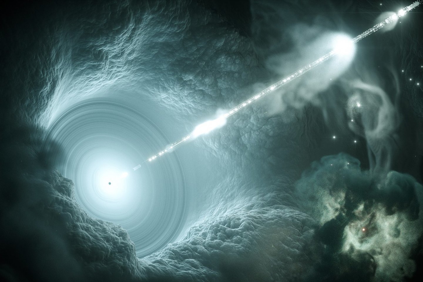  Paaiškėjo, kad neutrinai kyla iš galaktikos branduolio – kvazaro ir link Žemės keliauja milijardus metų. <br> DESY iliustr.