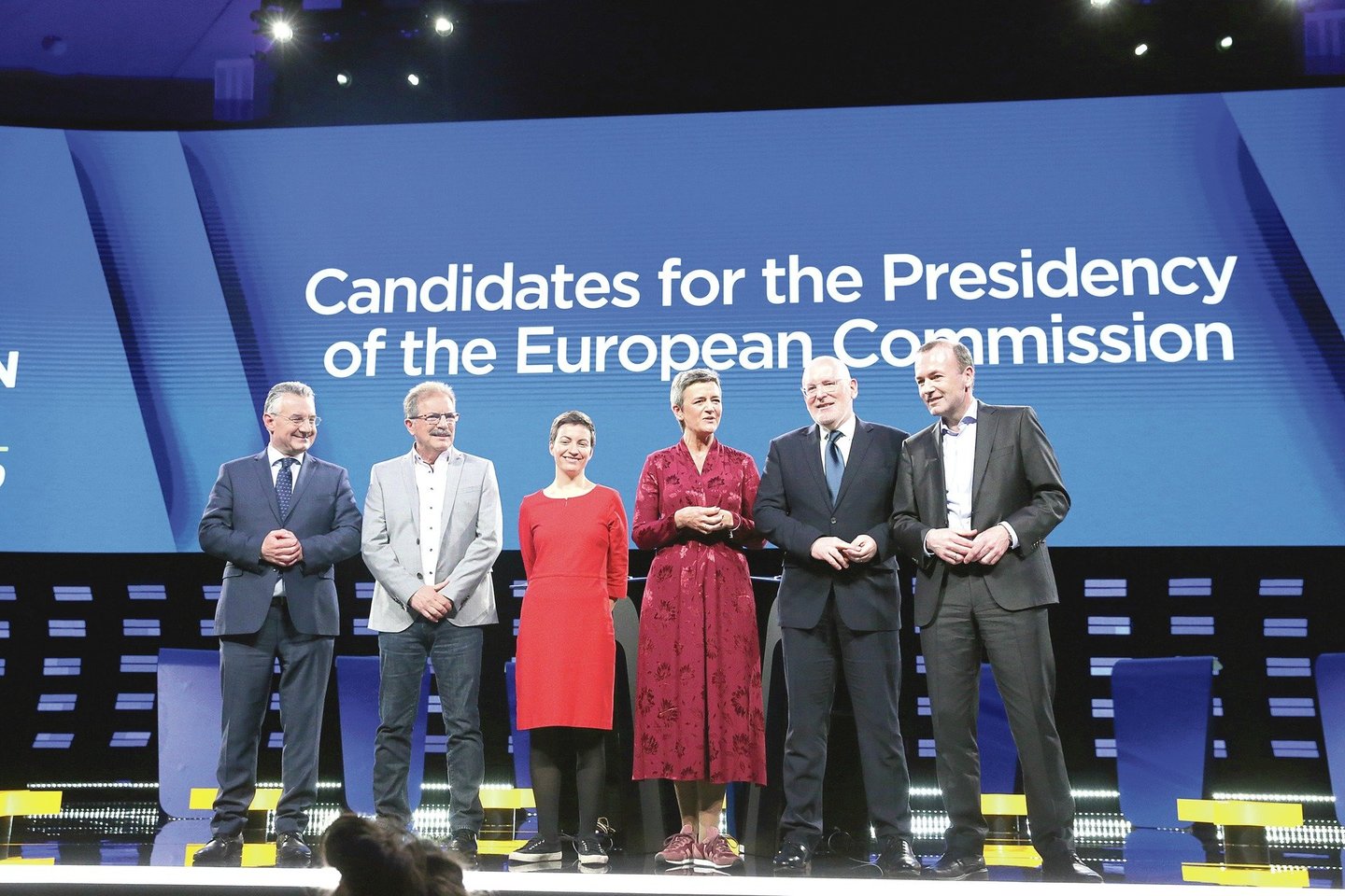 Debatuose tarp kandidatų užimti Europos Komisijos prezidento postą dalyvavo šešių politinių jėgų vedliai – (iš kairės) J.Zahradilas, N.Cue, S.Keller, M.Vestager, F.Timmermansas ir M.Weberis. Pastarieji du laikomi realiausiais pretendentais.