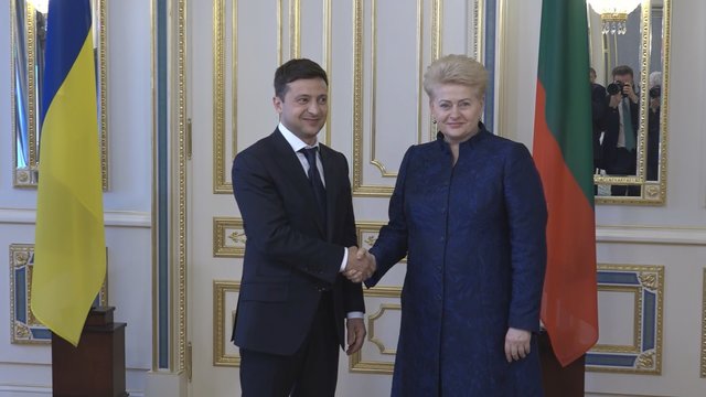 Kijeve D. Grybauskaitė sutikta ovacijomis, su V. Zelenskiu bendravo tik angliškai