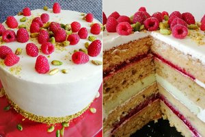 Druskininkų tortų turnyras: tortas su avietėmis, sūdytomis pistacijomis ir sūrio kremu