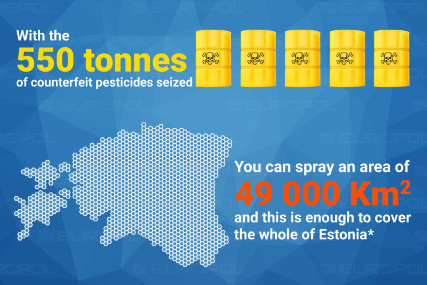 Konfiskuotų pesticidų kiekio pakaktų nupurkšti 49 tūkst. kv. kilometrų. Tai – Estijos plotas.<br>Europolo nuotr.