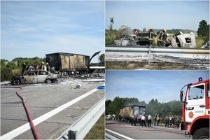 Avarija autostradoje Vilnius-Panevėžys: žuvo žmogus, sudegė vilkikai ir BMW, kelias paralyžiuotas