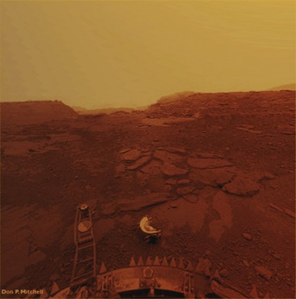 Veneros paviršiaus nuotrauka, padaryta "Venera 13" zondo, yra viena iš vos kelių nuotraukų, kurias turime iš šios labai nedraugiškos aplinkos.  <br>Soviet Space Agency, Dr Don P. Mitchell, Dr Paolo C. Fienga/Lunar Explorer Italia/IPF. 