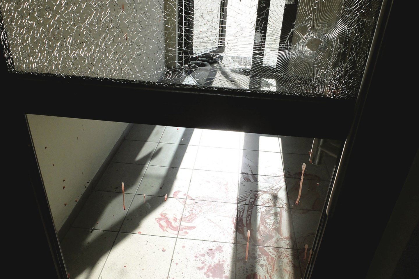 Suaižėjusiame durų stikle – skylė, o ant grindų plytelių – kraujo pėdsakai.<br>D.Krasausko nuotr.