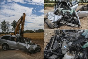 Baisi avarija Kėdainių r.: BMW rėžėsi į ekskavatorių, po smūgio ugniagesiai vadavo prispaustus žmones