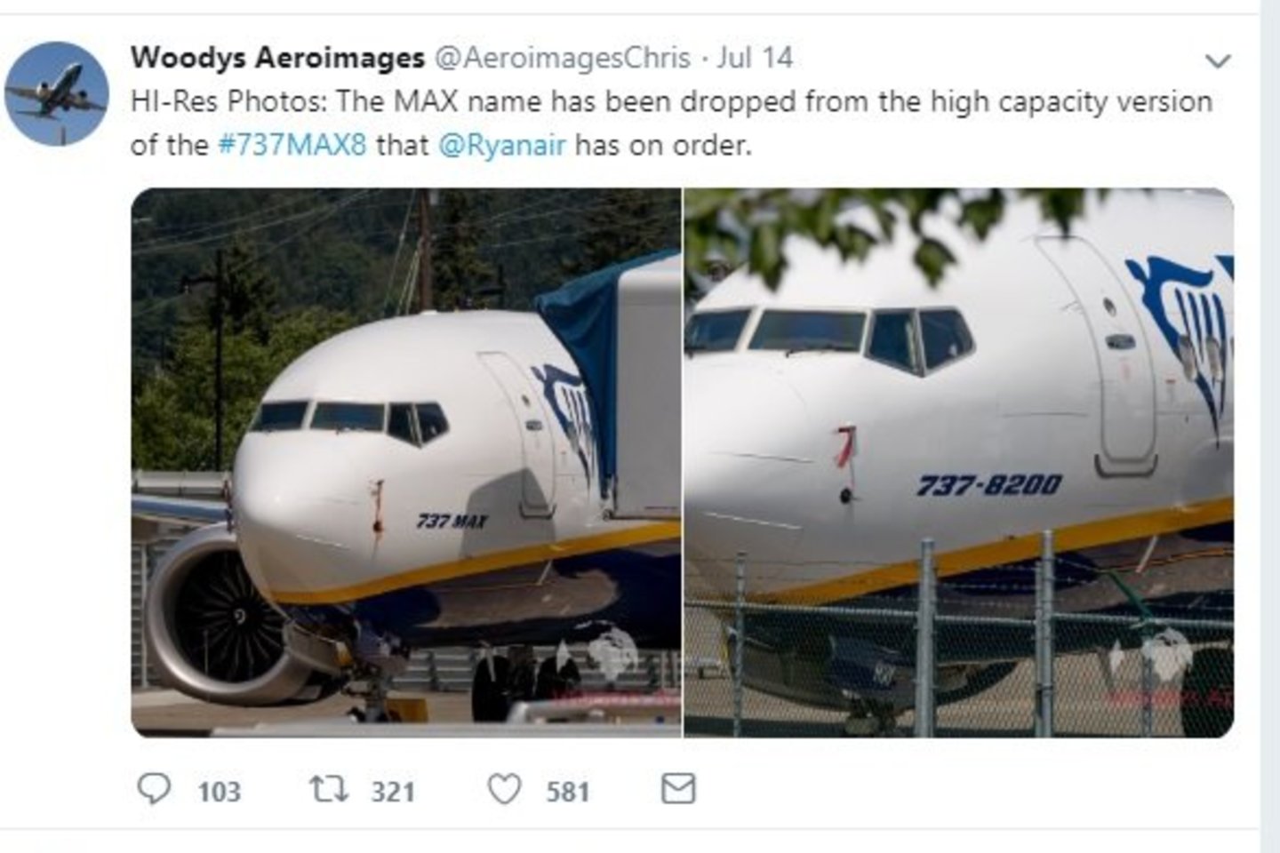  Užfiksuota, kad „Ryanair“ orlaiviams keičiamas pavadinimai. <br> „Twitter“ nuotr. 