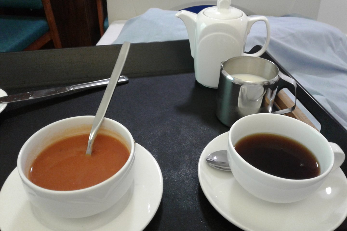   Pietūs: sriuba ir kava. <br> Skaitytojo nuotr.